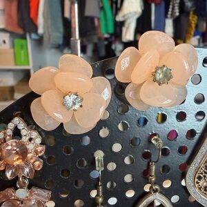 Peach Flower Earrings with Rhinestone Center